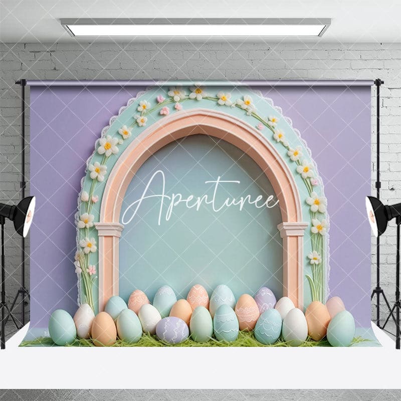 Aperturee - Aperturee Purple Wall Green Floral Arch Eggs Easter Backdrop