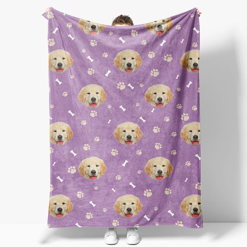 Aperturee - Aperturee Purple White Paw Print Bones Custom Pet Face Blanket