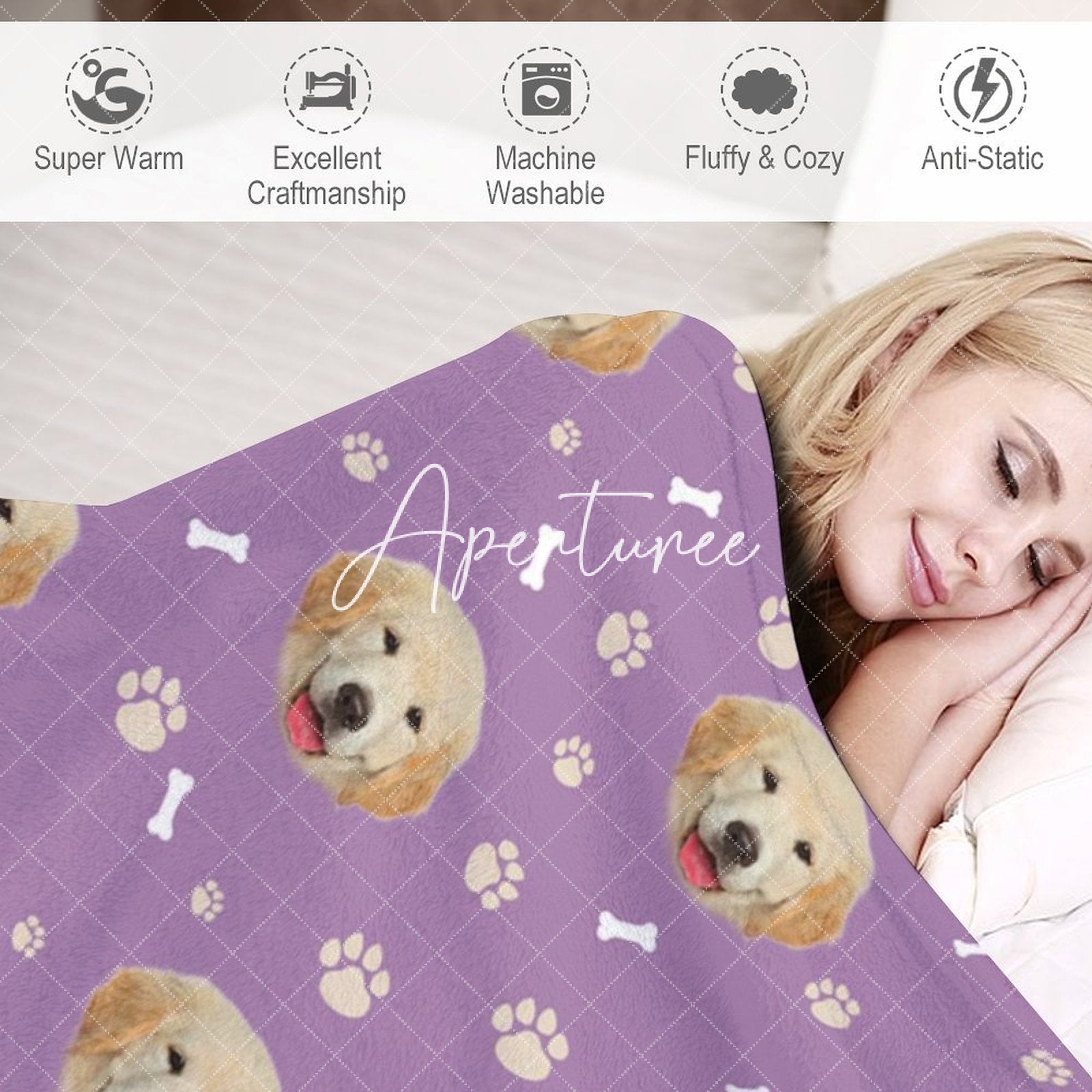 Aperturee - Aperturee Purple White Paw Print Bones Custom Pet Face Blanket