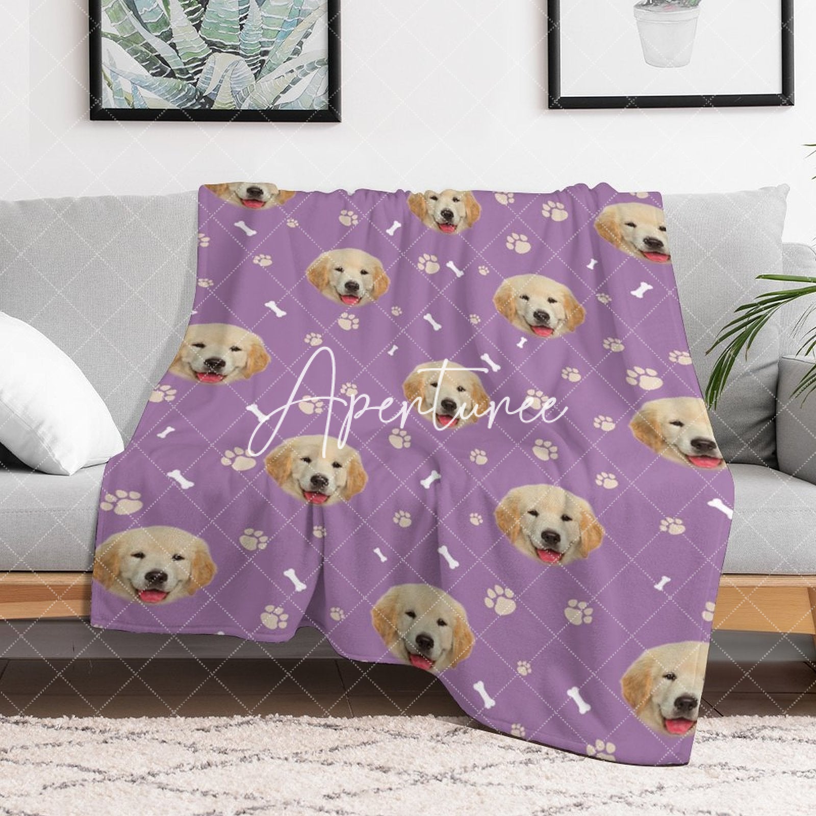 Aperturee - Aperturee Purple White Paw Print Bones Custom Pet Face Blanket