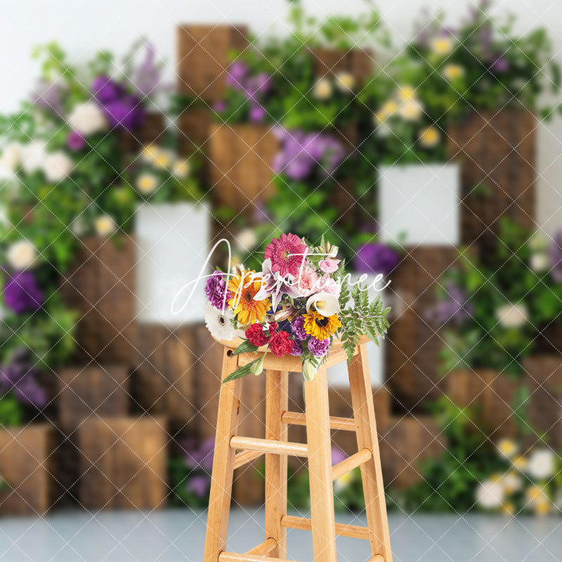 Aperturee - Aperturee Purple White Rose Greenery Tree Stump Spring Backdrop