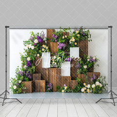 Aperturee - Aperturee Purple White Rose Greenery Tree Stump Spring Backdrop