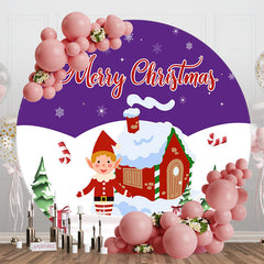 Aperturee - Aperturee Purple White Snowy House Round Christmas Backdrop