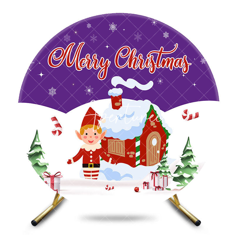 Aperturee - Aperturee Purple White Snowy House Round Christmas Backdrop