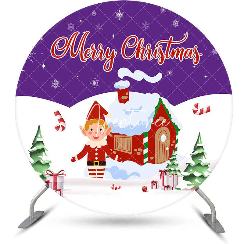 Aperturee - Aperturee Purple White Snowy House Round Christmas Backdrop