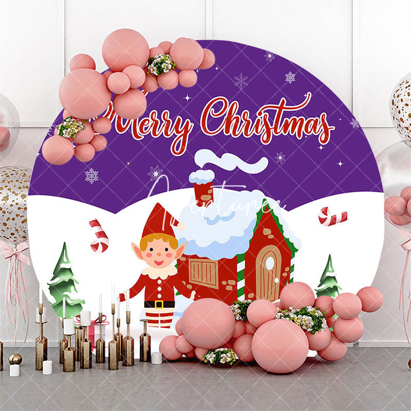 Aperturee - Aperturee Purple White Snowy House Round Christmas Backdrop