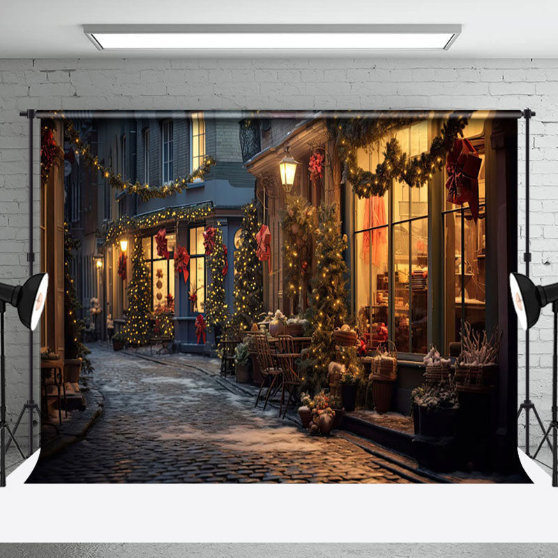 Aperturee - Aperturee Quiet Snowy Lane Festively Lit Christmas Backdrop