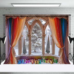 Aperturee - Aperturee Rainbow Curtain Window Snowy Scene Christmas Backdrop