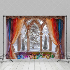 Aperturee - Aperturee Rainbow Curtain Window Snowy Scene Christmas Backdrop