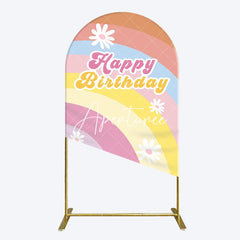 Aperturee - Aperturee Rainbow Floral Groovy Happy Birthday Arch Backdrop