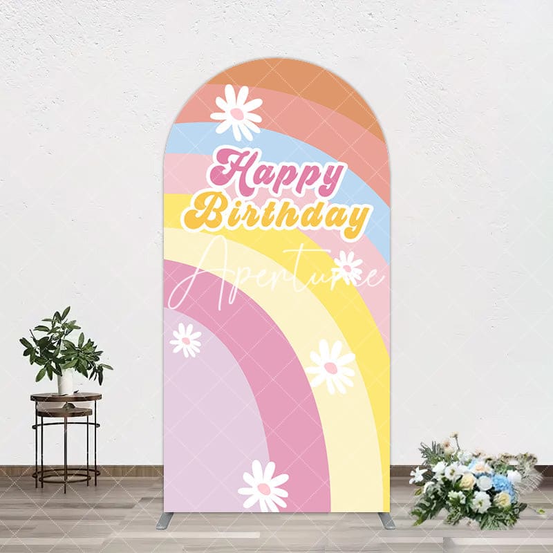 Aperturee - Aperturee Rainbow Floral Groovy Happy Birthday Arch Backdrop