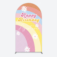 Aperturee - Aperturee Rainbow Floral Groovy Happy Birthday Arch Backdrop