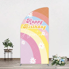 Aperturee - Aperturee Rainbow Floral Groovy Happy Birthday Half Moon Arch Backdrop