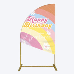 Aperturee - Aperturee Rainbow Floral Groovy Happy Birthday Half Moon Arch Backdrop