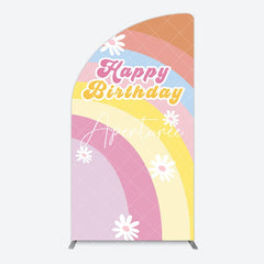 Aperturee - Aperturee Rainbow Floral Groovy Happy Birthday Half Moon Arch Backdrop