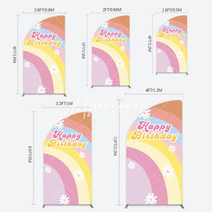 Aperturee - Aperturee Rainbow Floral Groovy Happy Birthday Half Moon Arch Backdrop