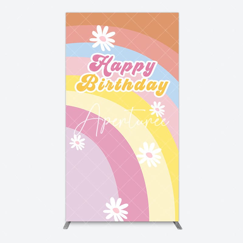 Aperturee - Aperturee Rainbow Floral Groovy Happy Birthday Rectangle Backdrop