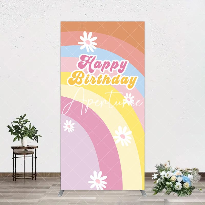 Aperturee - Aperturee Rainbow Floral Groovy Happy Birthday Rectangle Backdrop