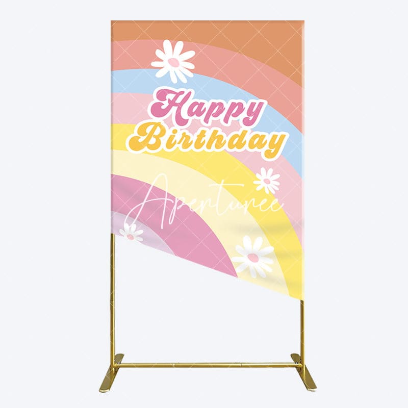 Aperturee - Aperturee Rainbow Floral Groovy Happy Birthday Rectangle Backdrop