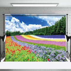 Aperturee - Aperturee Rainbow Flower Field Blue Sky Spring Photo Backdrop