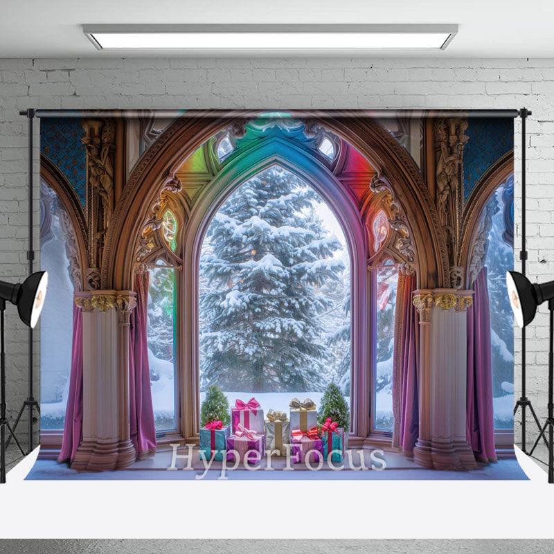 Aperturee - Aperturee Rainbow Luxury Arch Window Snowy Christmas Backdrop