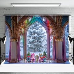 Aperturee - Aperturee Rainbow Luxury Arch Window Snowy Christmas Backdrop