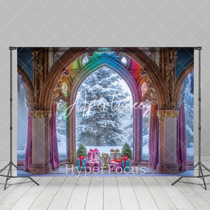 Aperturee - Aperturee Rainbow Luxury Arch Window Snowy Christmas Backdrop