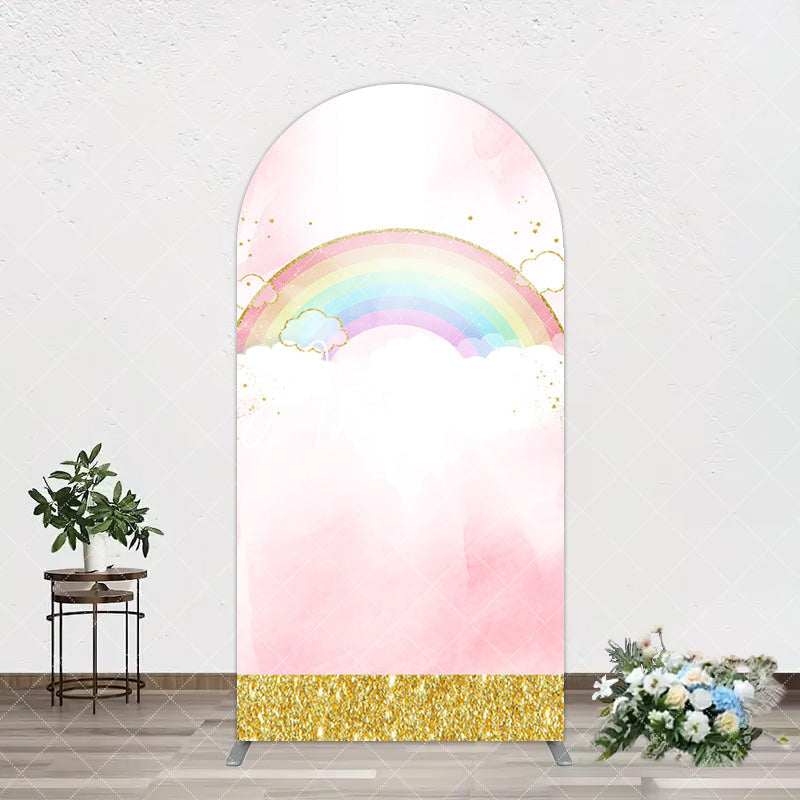 Aperturee - Aperturee Rainbow Pink Gold Glitter Birthday Arch Backdrop