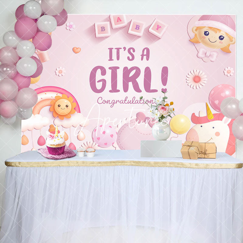 Aperturee - Aperturee Rainbow Sun Unicorn Its A Girl Baby Shower Backdrop