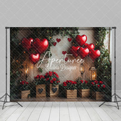 Aperturee - Aperturee Red Balloon Rose Greenery Valentines Day Backdrop