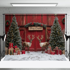 Aperturee - Aperturee Red Barn Door Elk Snow Pine Tree Christmas Backdrop