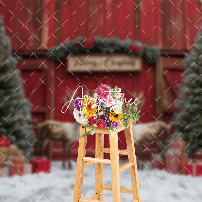 Aperturee - Aperturee Red Barn Door Elk Snow Pine Tree Christmas Backdrop