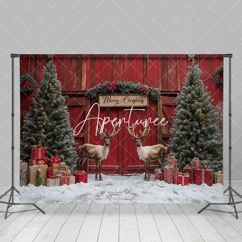 Aperturee - Aperturee Red Barn Door Elk Snow Pine Tree Christmas Backdrop