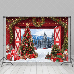 Aperturee - Aperturee Red Barn Door Light Wreath Forest Christmas Backdrop