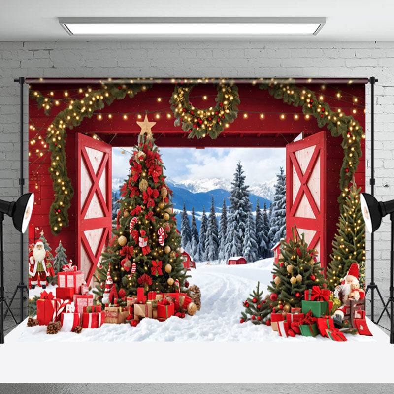 Aperturee - Aperturee Red Barn Door Light Wreath Forest Christmas Backdrop