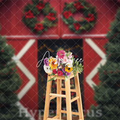 Aperturee - Aperturee Red Barn Door Xmas Trees Christmas Vibe Backdrop