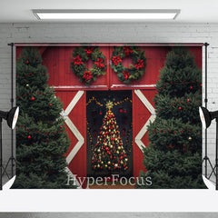 Aperturee - Aperturee Red Barn Door Xmas Trees Christmas Vibe Backdrop