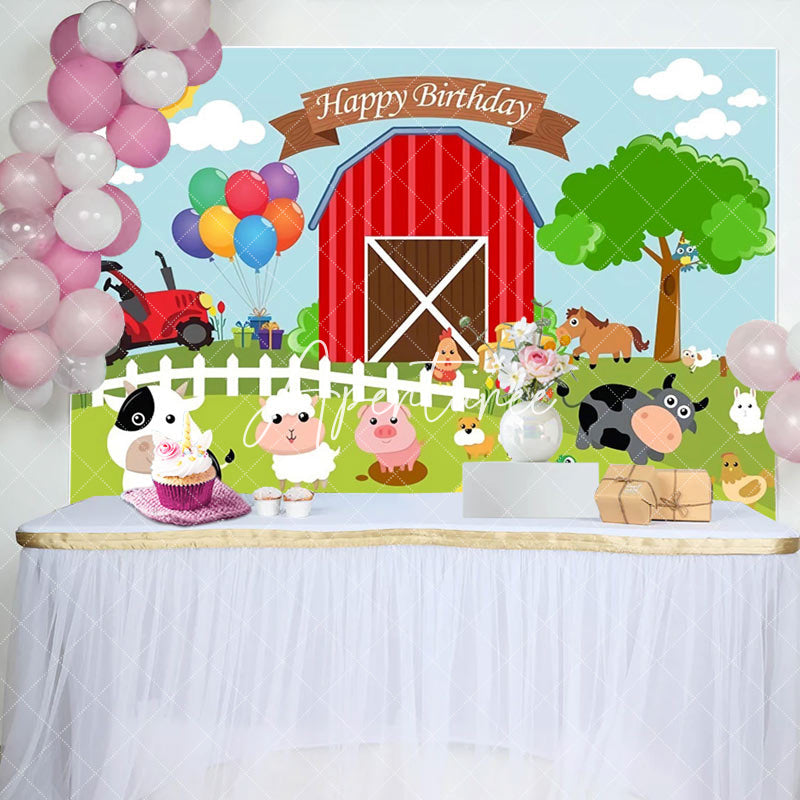 Aperturee - Aperturee Red Barn Farm Animals Happy Birthday Party Backdrop