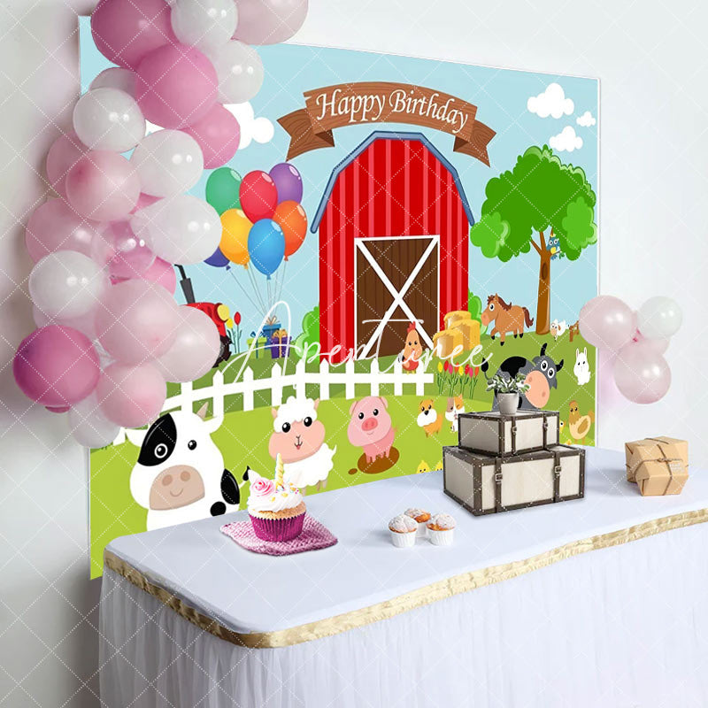 Aperturee - Aperturee Red Barn Farm Animals Happy Birthday Party Backdrop