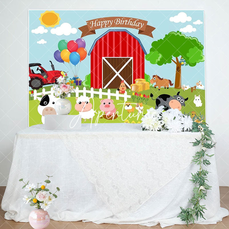 Aperturee - Aperturee Red Barn Farm Animals Happy Birthday Party Backdrop