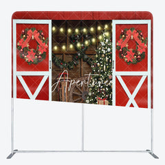 Aperturee - Aperturee Red Barn Wood Door Christmas Tension Fabric Backdrop