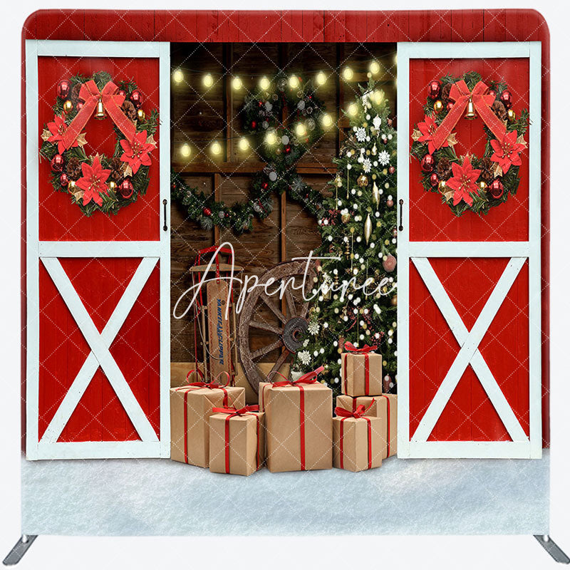 Aperturee - Aperturee Red Barn Wood Door Christmas Tension Fabric Backdrop