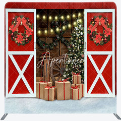 Aperturee - Aperturee Red Barn Wood Door Christmas Tension Fabric Backdrop