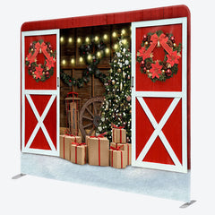 Aperturee - Aperturee Red Barn Wood Door Christmas Tension Fabric Backdrop