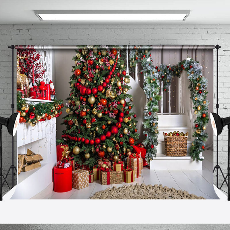 Aperturee - Aperturee Red Bauble Tree Festive Living Room Xmas Backdrop