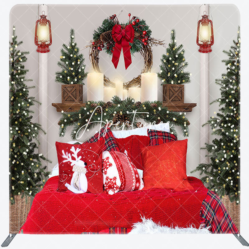 Aperturee - Aperturee Red Bed Tree Light Christmas Tension Fabric Backdrop