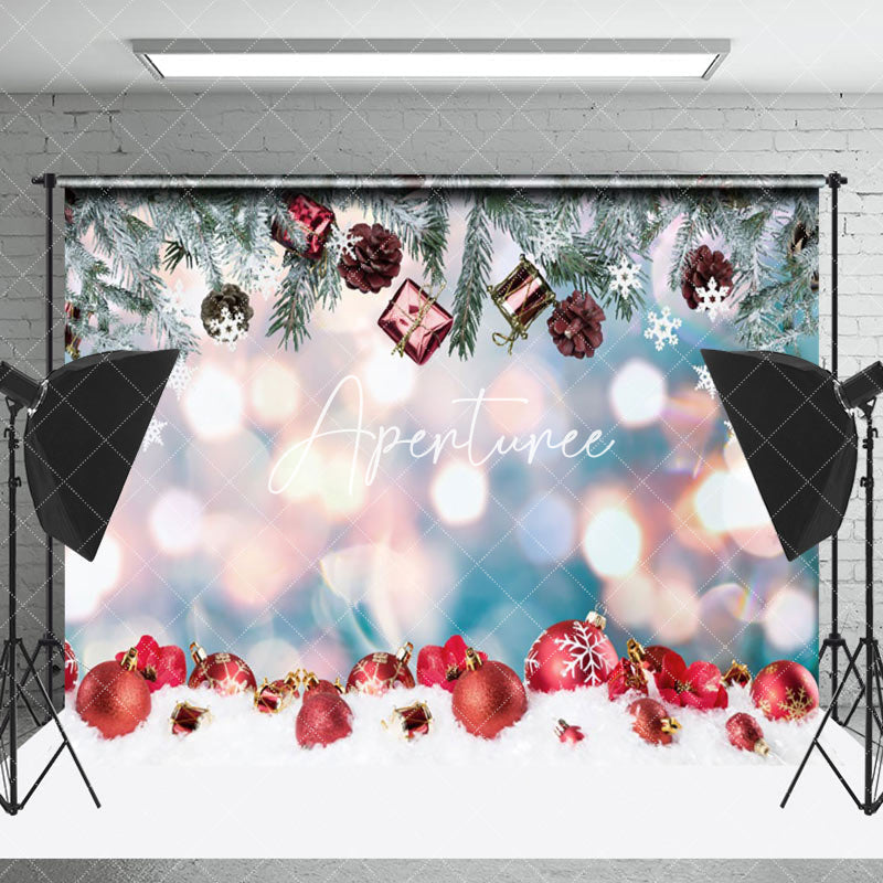 Aperturee - Aperturee Red Bell Pine Leaves Blurry Merry Christmas Backdrop