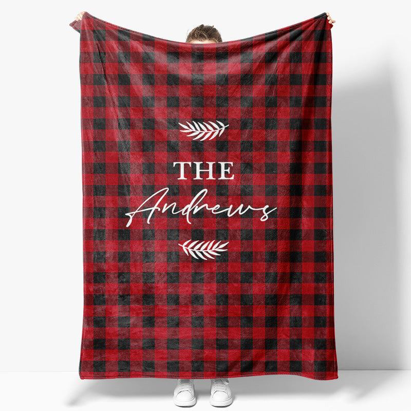 Aperturee - Aperturee Red Black Plaid Leaves Custom Name Baby Blanket