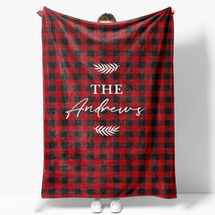 Aperturee - Aperturee Red Black Plaid Leaves Custom Name Baby Blanket