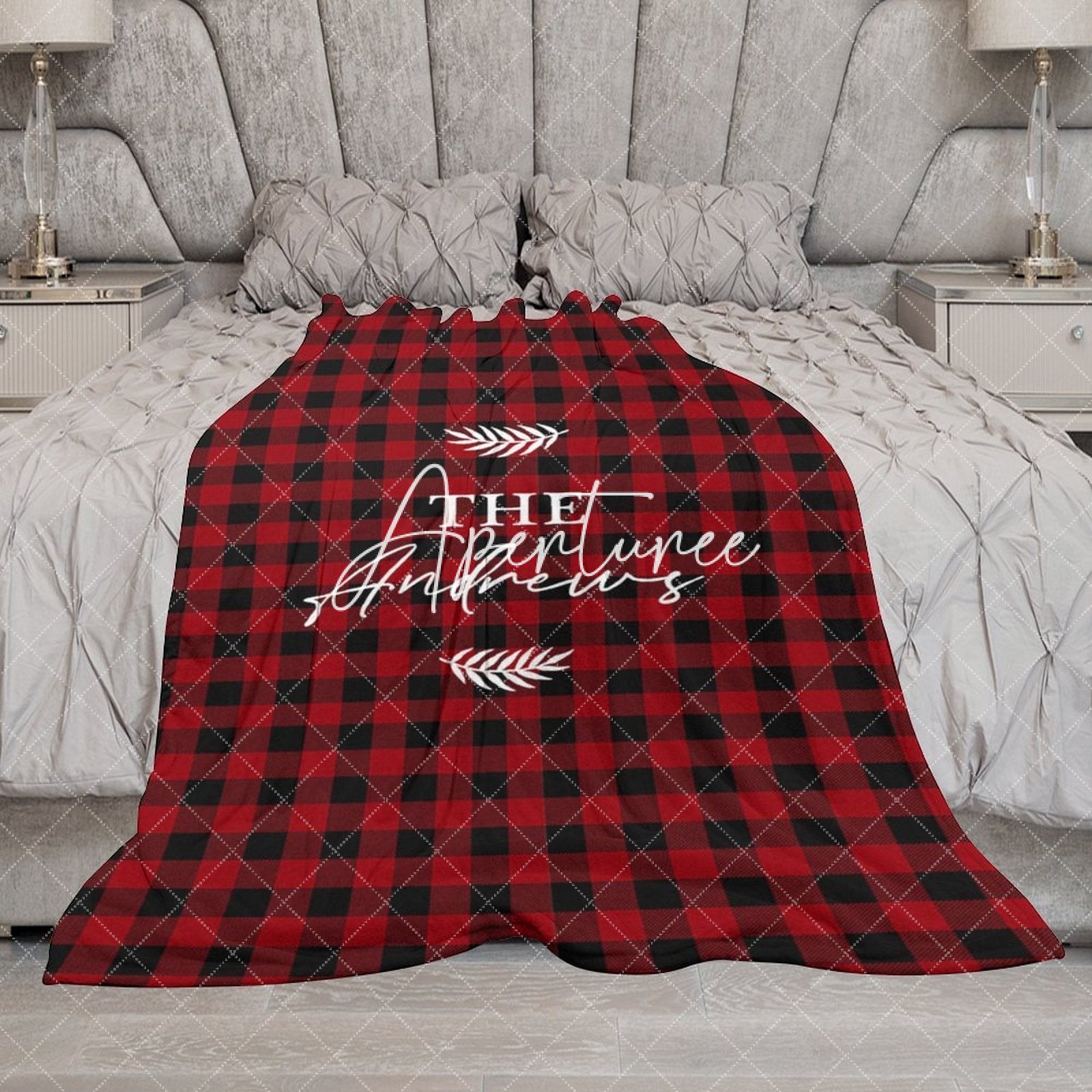 Aperturee - Aperturee Red Black Plaid Leaves Custom Name Baby Blanket